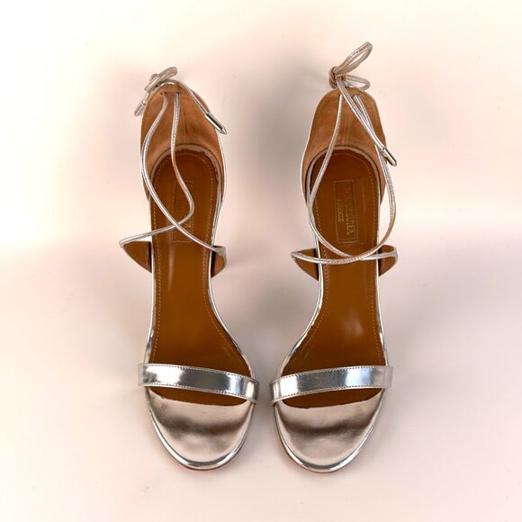 AQUAZZURA Linda 105 Silver Leather Ankle Tie High-Heel Sandals - Size 38.5 - Picture 3 of 12